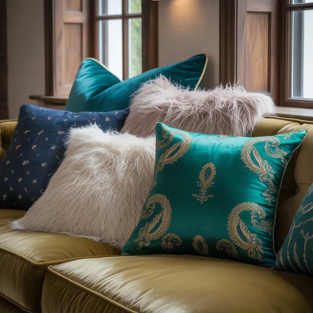 Decorative pillows set on bed with luxury bedroom decor