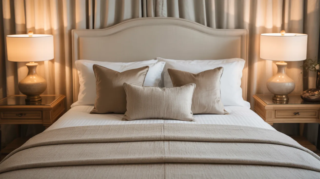 Decorative pillows arranged on a modern living room sofa